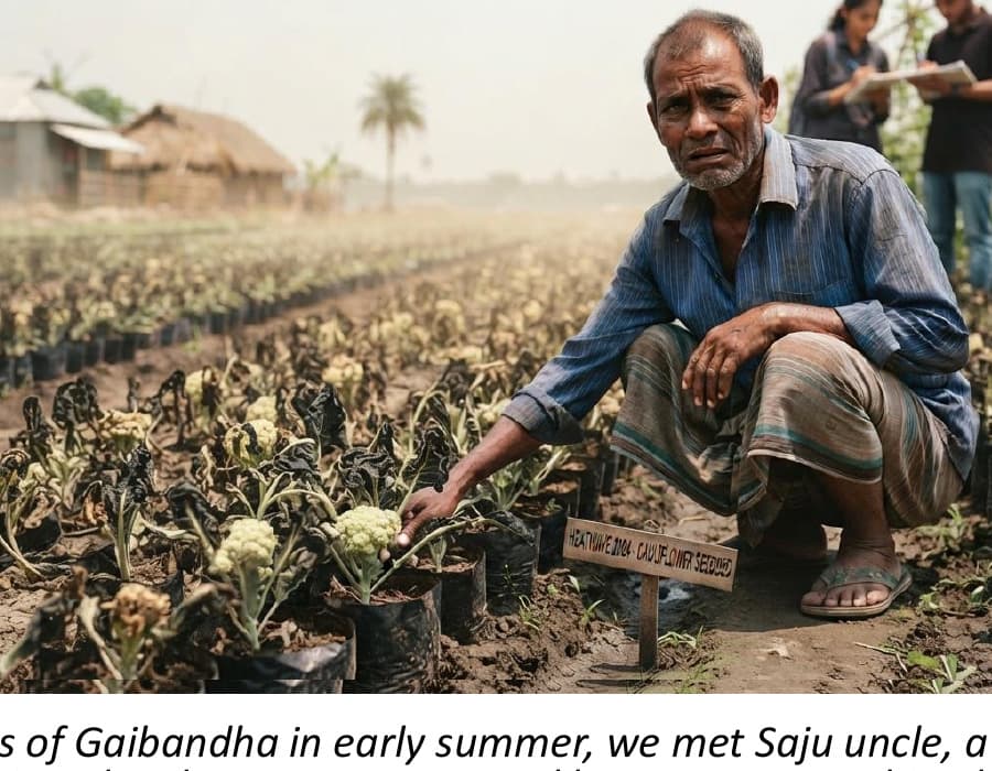 Saju uncle in a heat-damaged seedling bed, Gaibandha